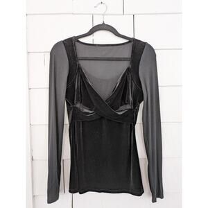 Y2K Crisscross Bust Velvet Jersey Knit Mixed Media Top Goth Grunge Indie Sleaze